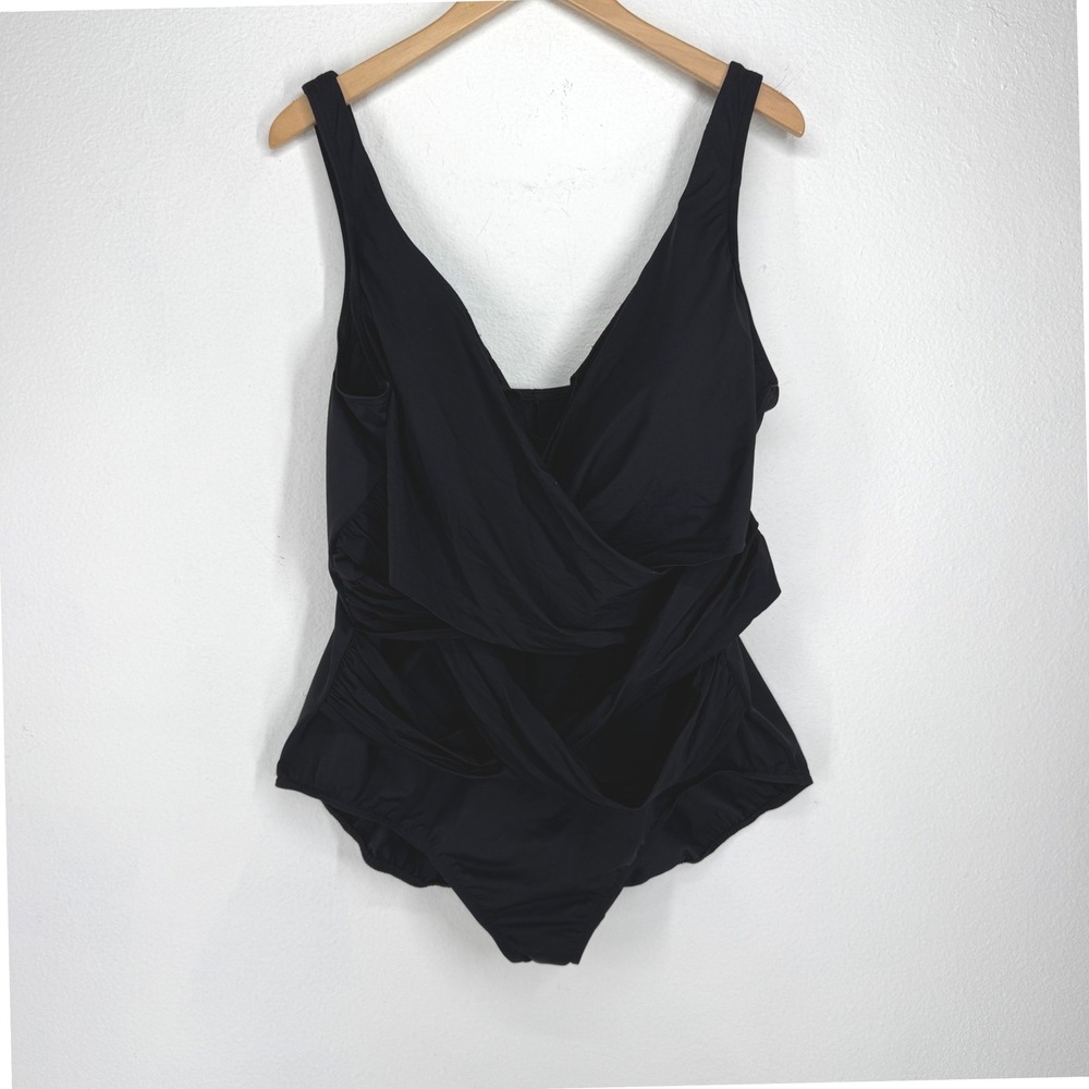 Miraclesuit Womens Black Wrap Front Ruched One Piece Swimsuit Size 10 Slimming